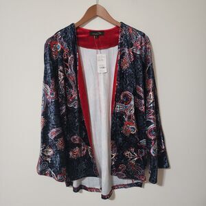 NWT $109 Suzanne Betro Womens Straight Front Kimono Velour Blue Paisley Size L